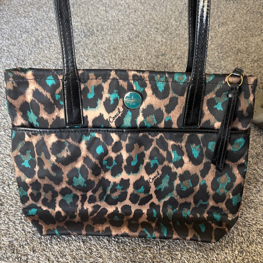 Coach Leopard Print Tote Bag - Black, Brown, and Teal